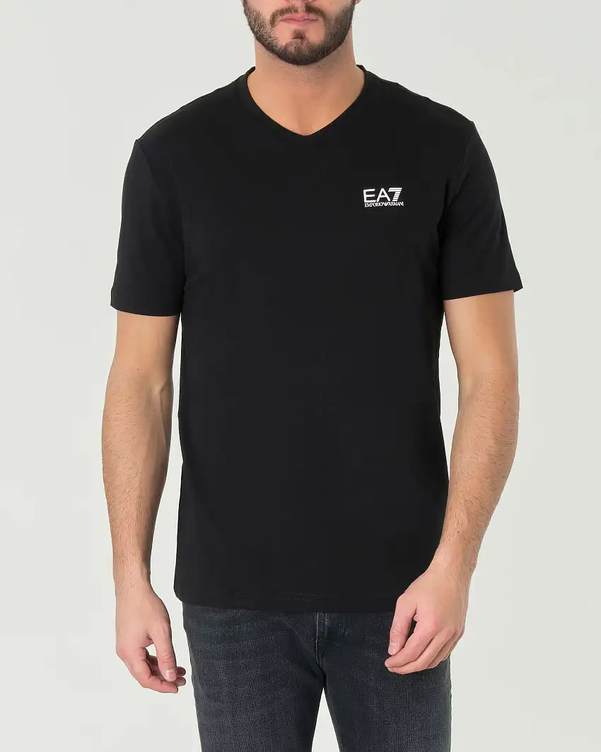 T-shirt EA7 nera in cotone stretch con scollo a V e logo bianco sul petto