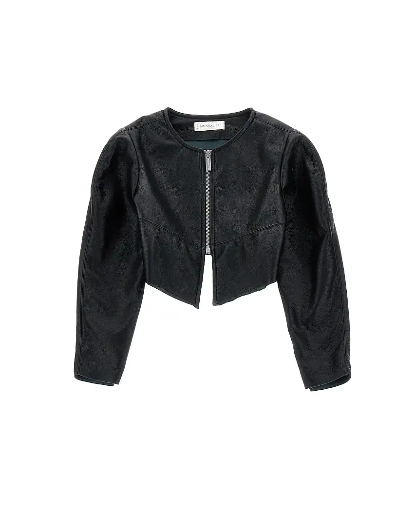 Bolero nero in similpelle con scollo tondo e chiusura a cerniera frontale