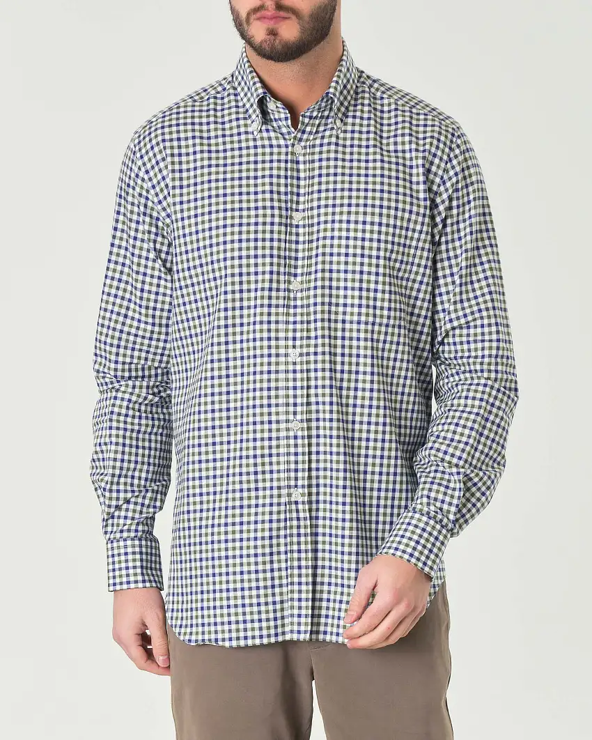 Camicia bianca blu e verde in vichy di puro cotone con colletto button-down e taschino