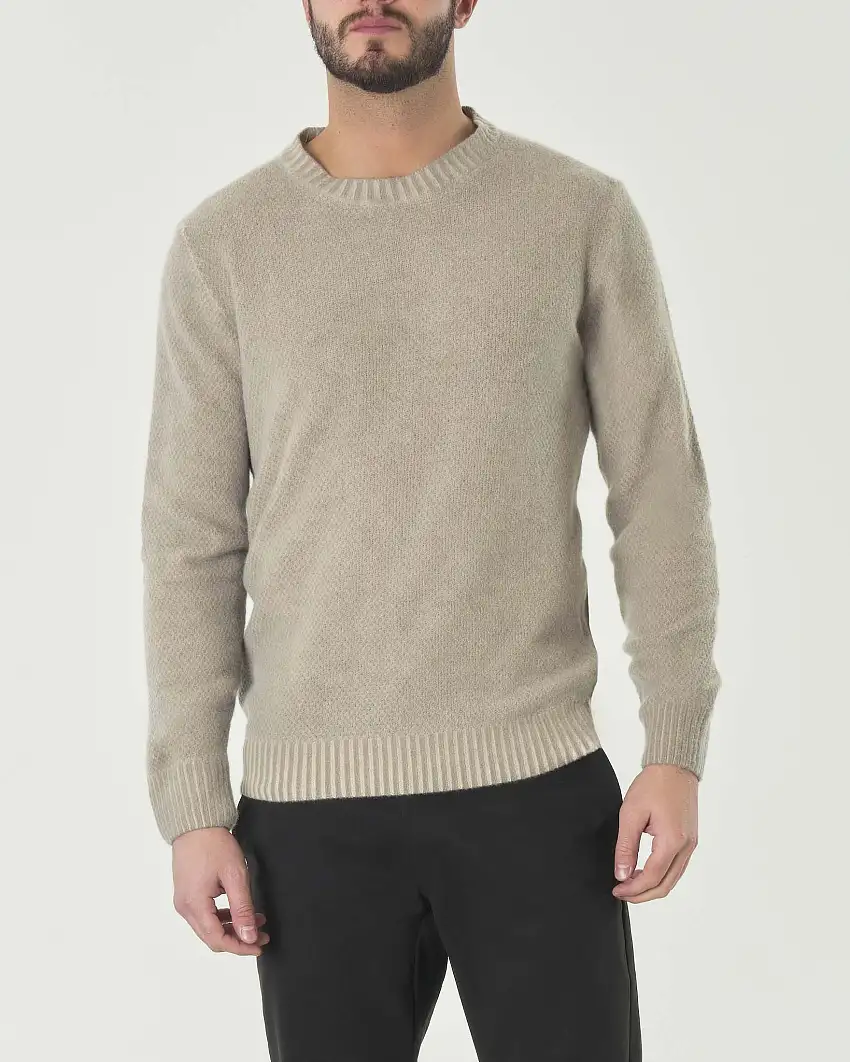 Maglia girocollo beige tinto a freddo in lana finezza 7