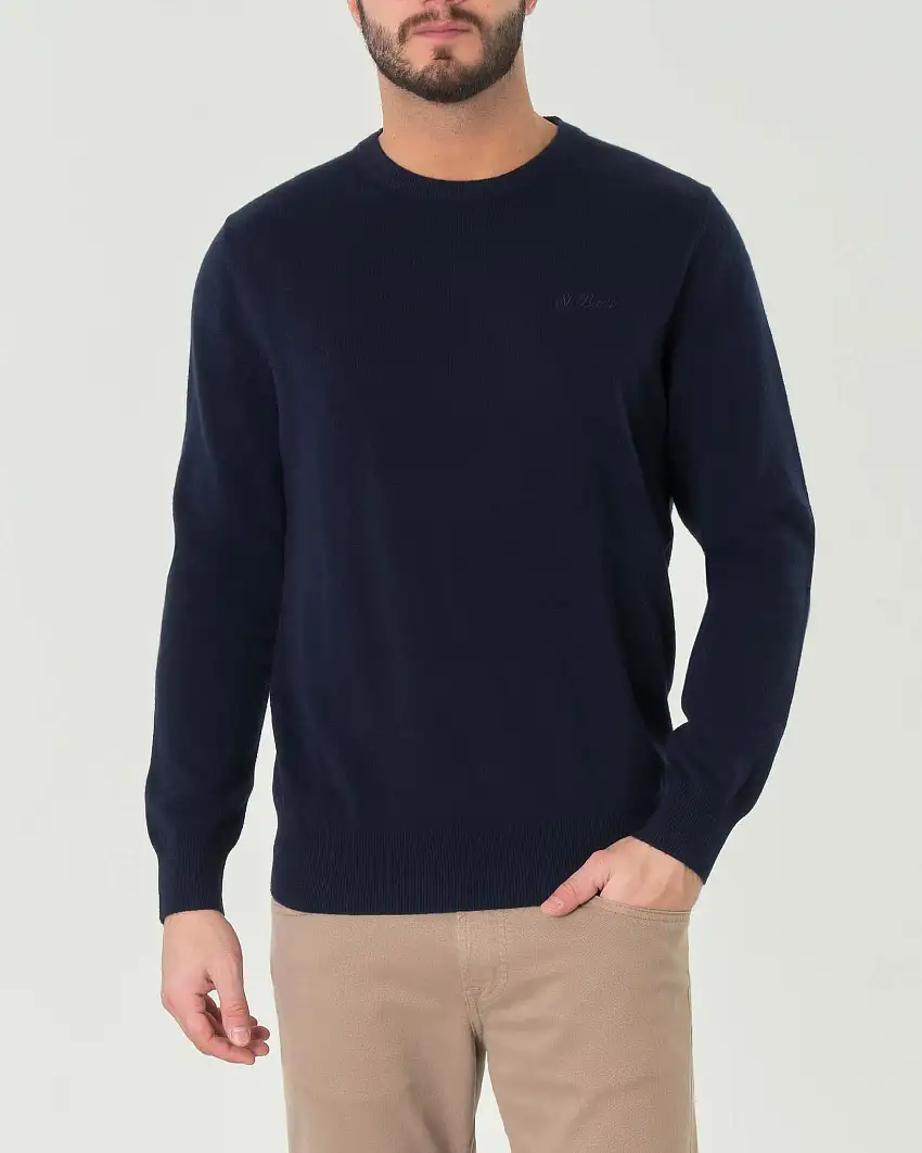 Maglia girocollo MC2 Saint Barth blu in lana viscosa e cashmere con logo ricamato in tono sul petto