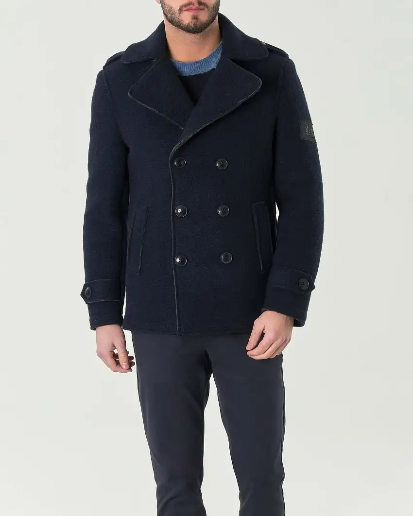 Caban doppiopetto blu in misto lana accoppiata con rever ampio
