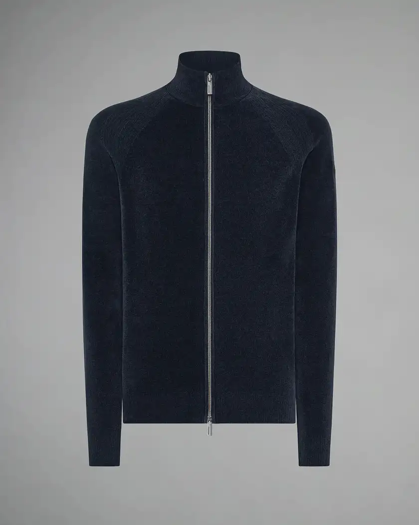 Maglia blu R.R.D. Velvet Full Zip Knit in ciniglia con maniche raglan e chiusura zip