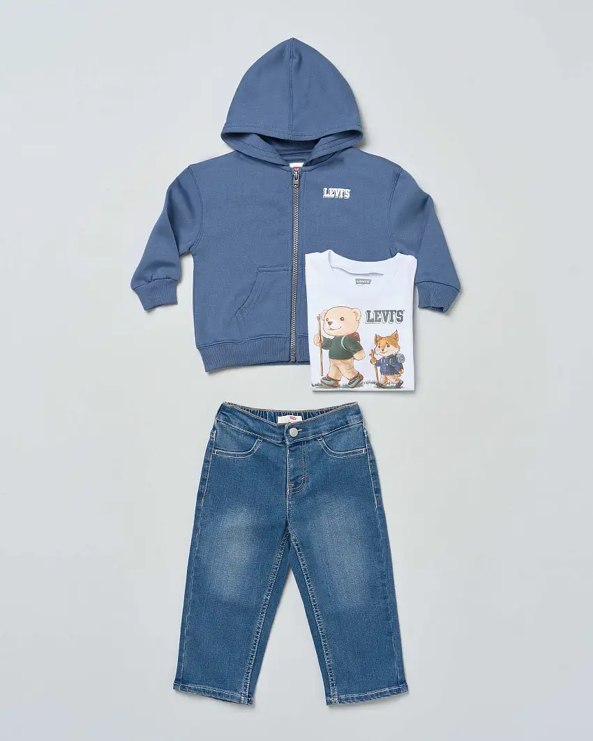 Completo a tre pezzi blu con stampa animaletti