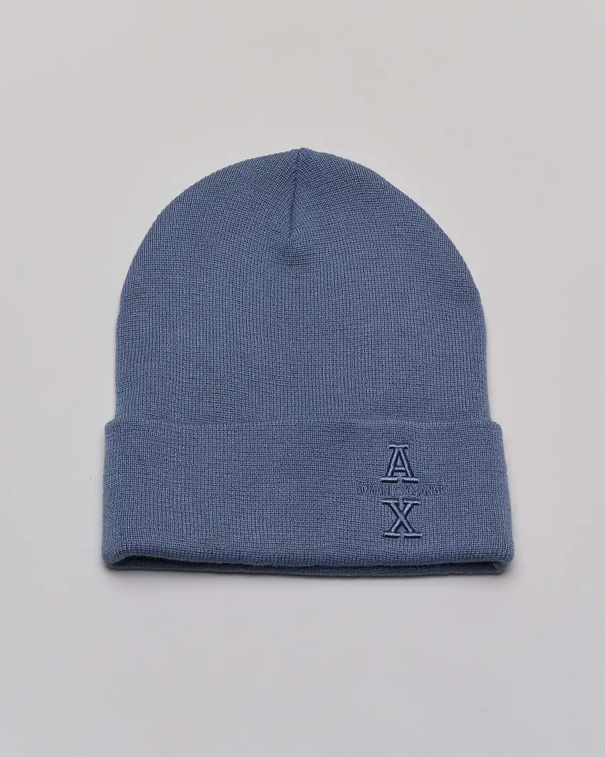 Berretto color avio in maglia rasata con logo ricamato in tono sul risvolto