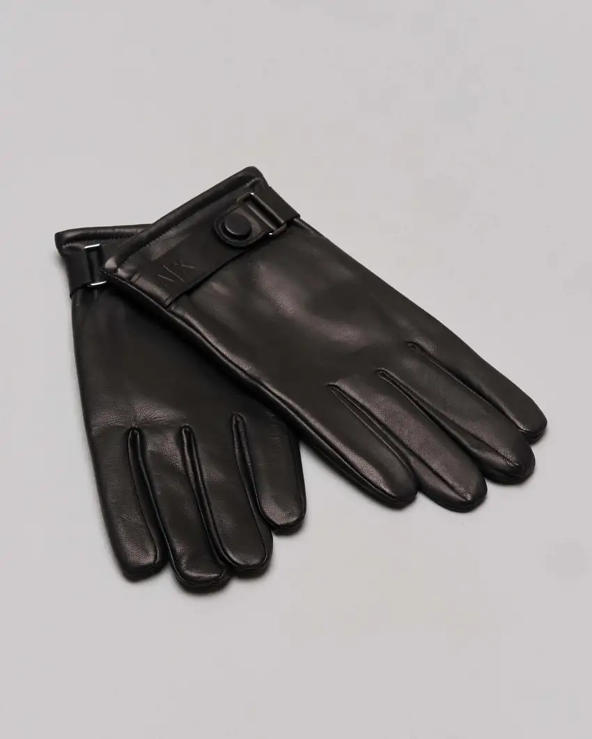 Guanti neri in pelle liscia con cinturino al fondo e logo impresso