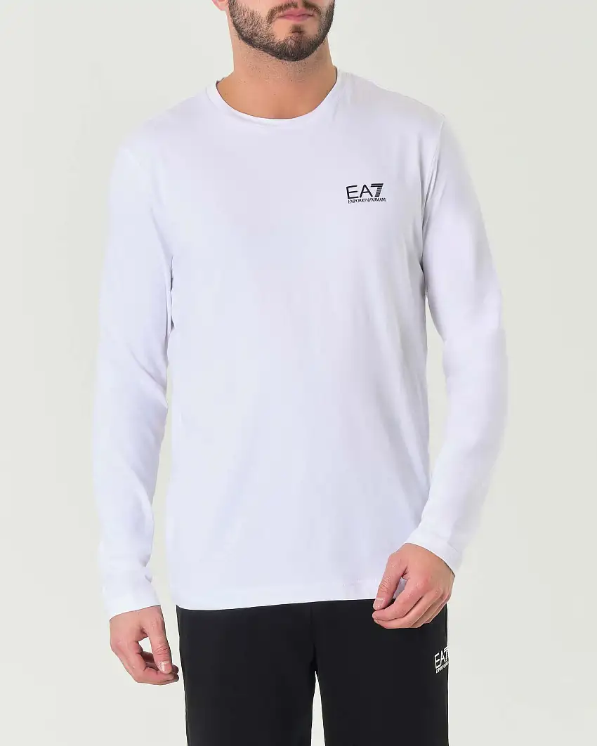 T-shirt bianca a manica lunga in cotone stretch con logo nero sul petto