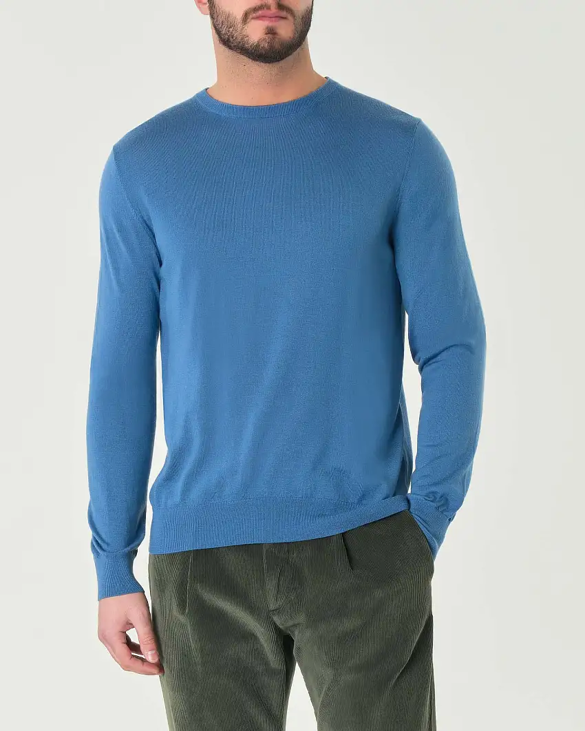 Maglia girocollo Pellizzari color celeste in pura lana merinos ultrafine