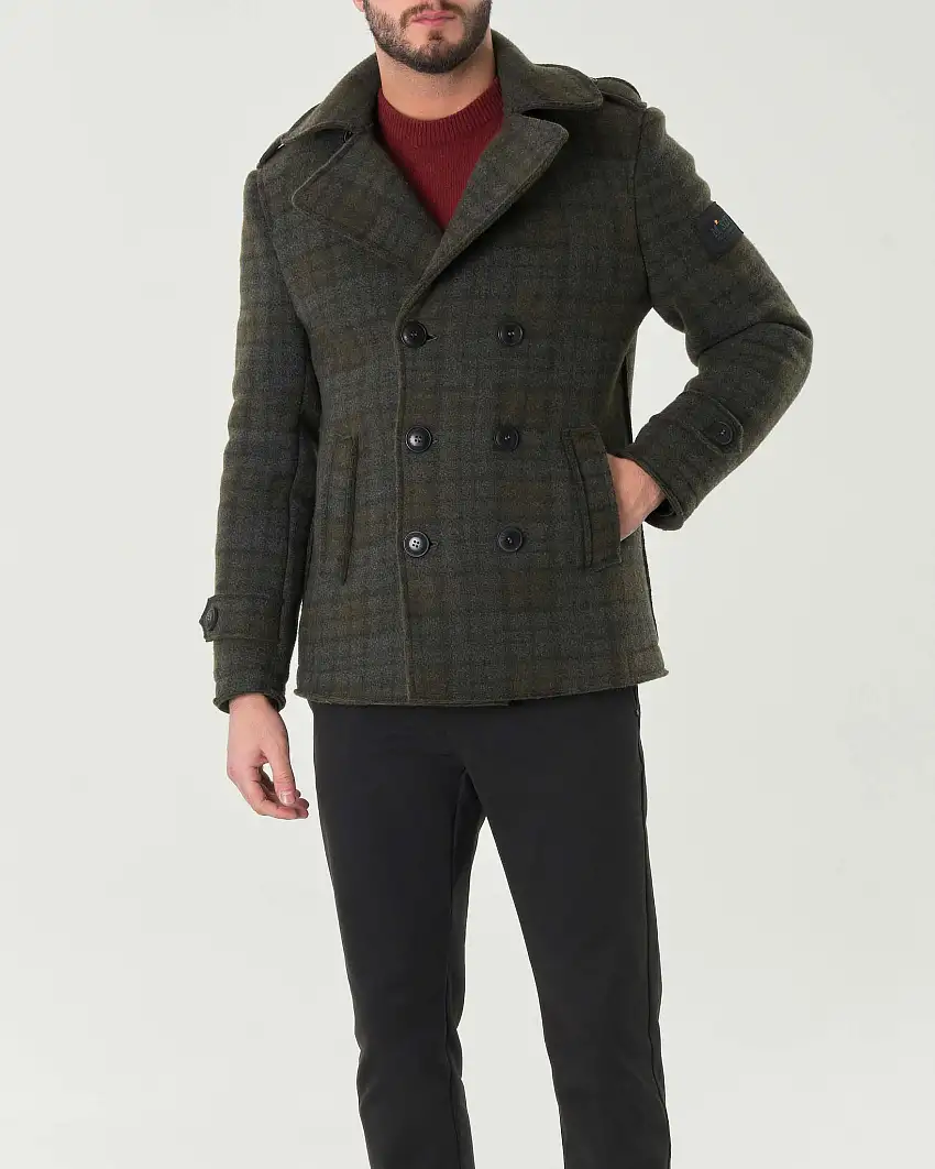 Caban doppiopetto verde militare e grigio in tessuto check di misto lana