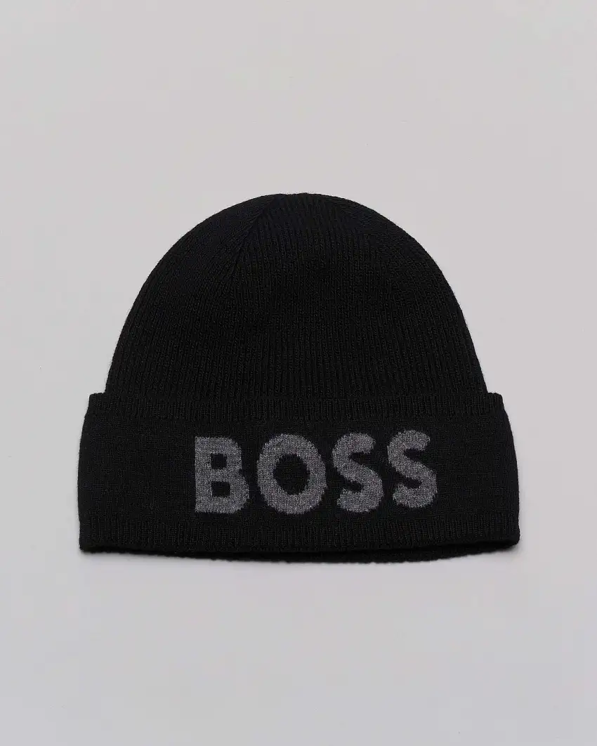 Berretto nero in misto lana e cashmere a coste inglesi con logo jacquard grigio sul risvolto