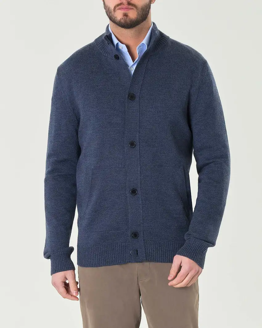 Cardigan Pellizzari blu indaco in maglia finezza 7 di pura lana merino con tasche frontali e collo alto