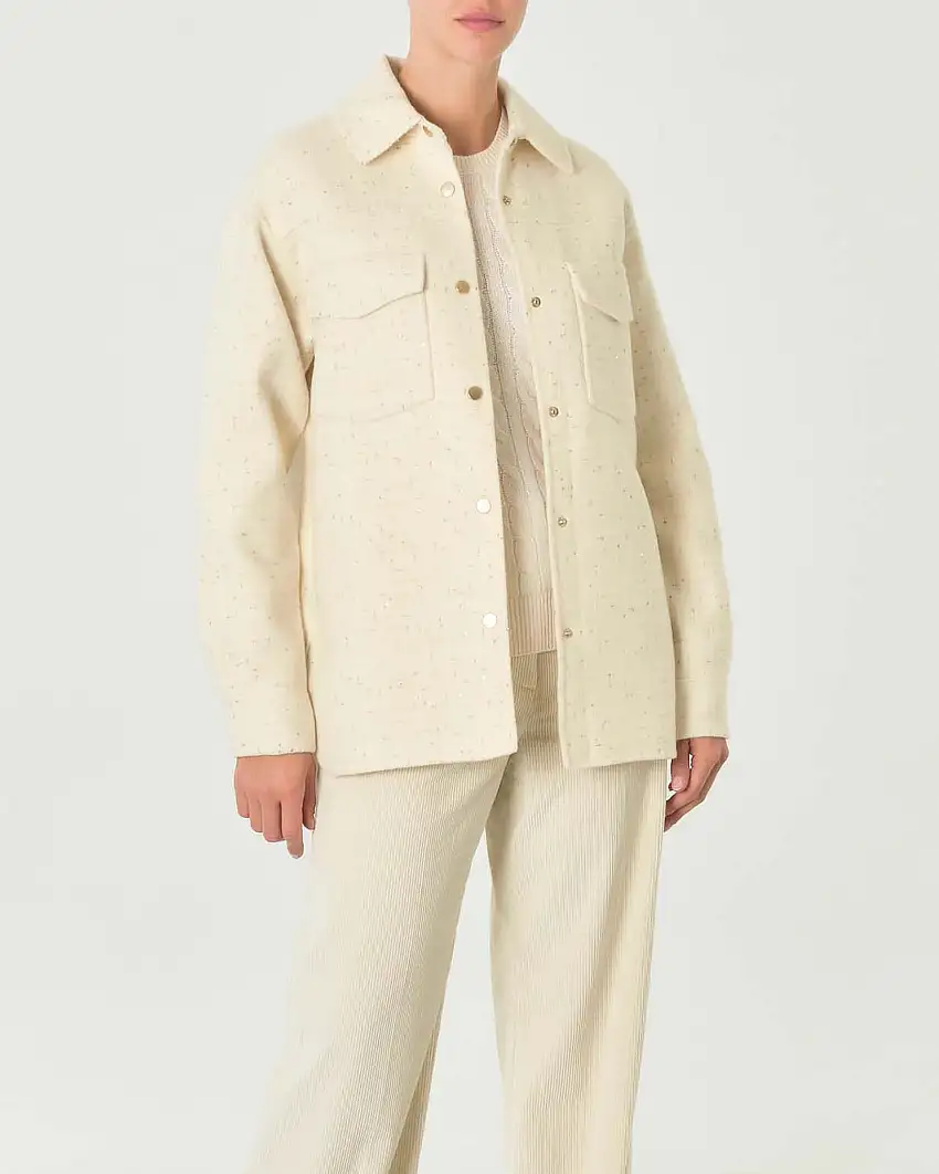 Caban a camicia color avorio in lana con inserti in lurex argento
