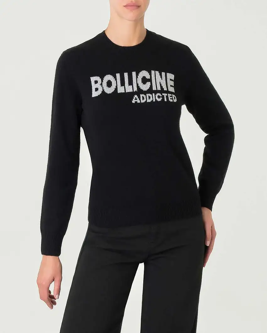 Maglia girocollo nera in alpaca e lana con scritta argento Bolliccine addicted