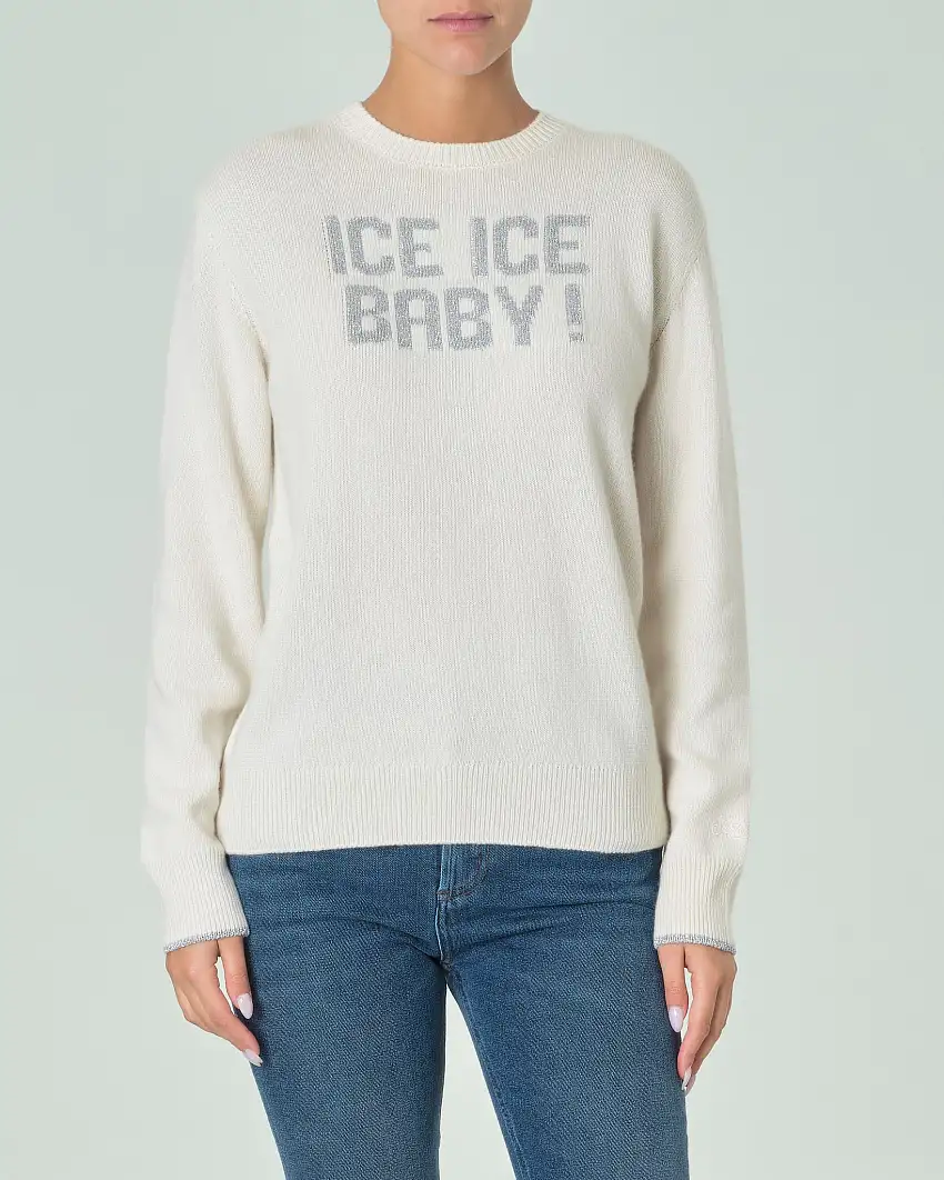 Maglia bianca in lana e cashmere con scritta argento jacquard Ice ice baby!