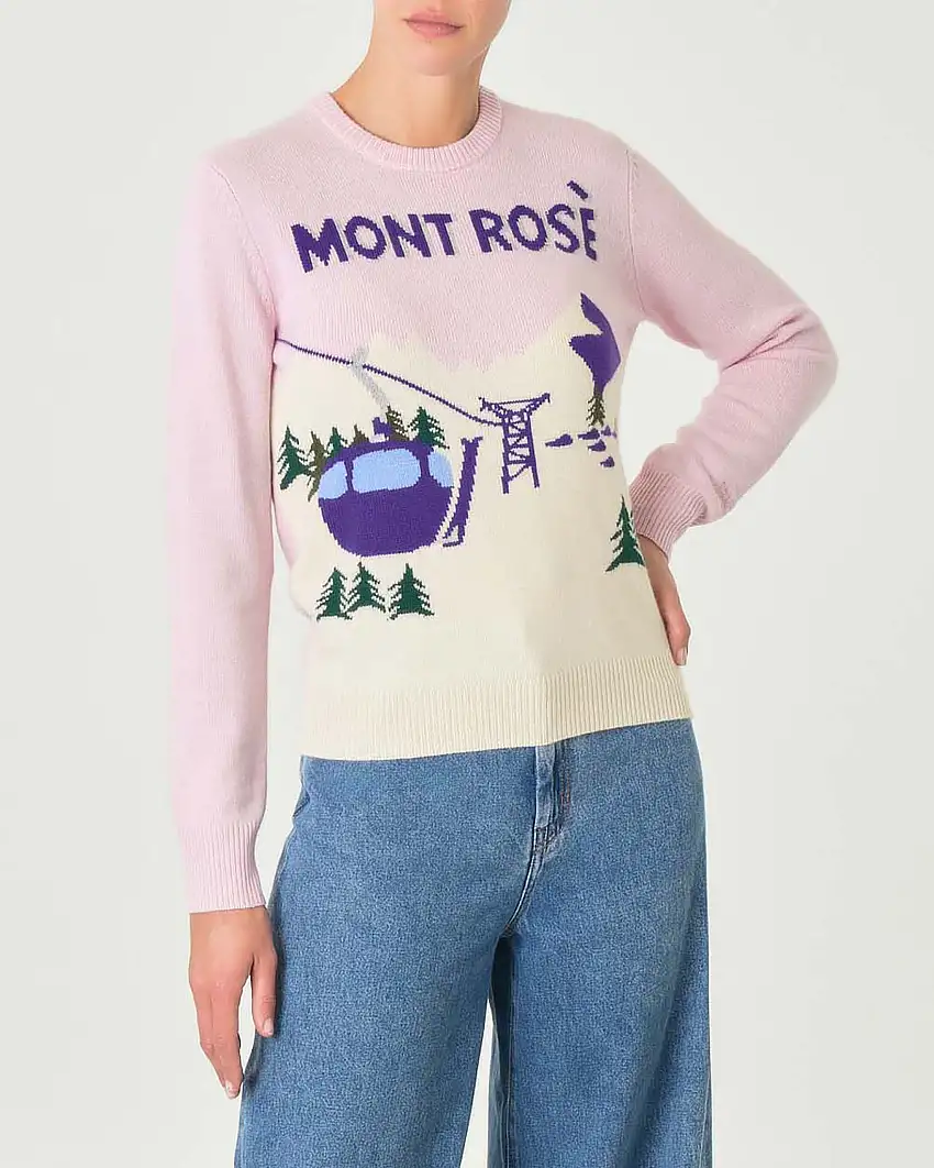 Maglia rosa in lana e cashmere con paesaggio montano jacquard e scritta viola Mont Rosè