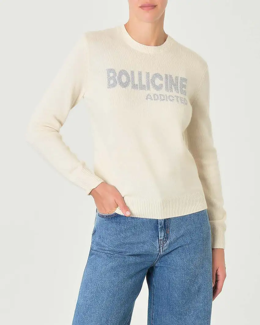 Maglia girocollo bianca in alpaca e lana con scritta argento Bolliccine addicted