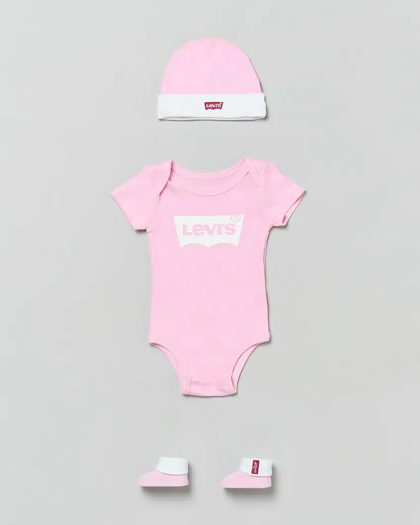 Set a tre pezzi in cotone rosa e bianco