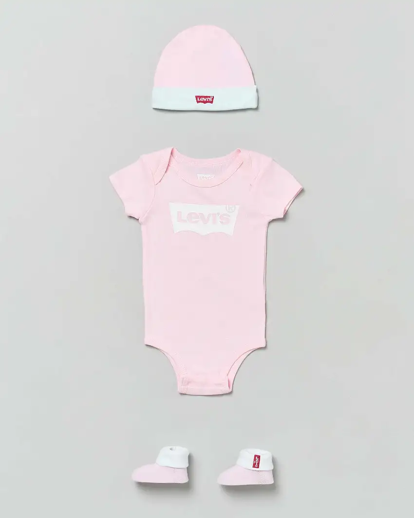 Set a tre pezzi in cotone cipria e bianco