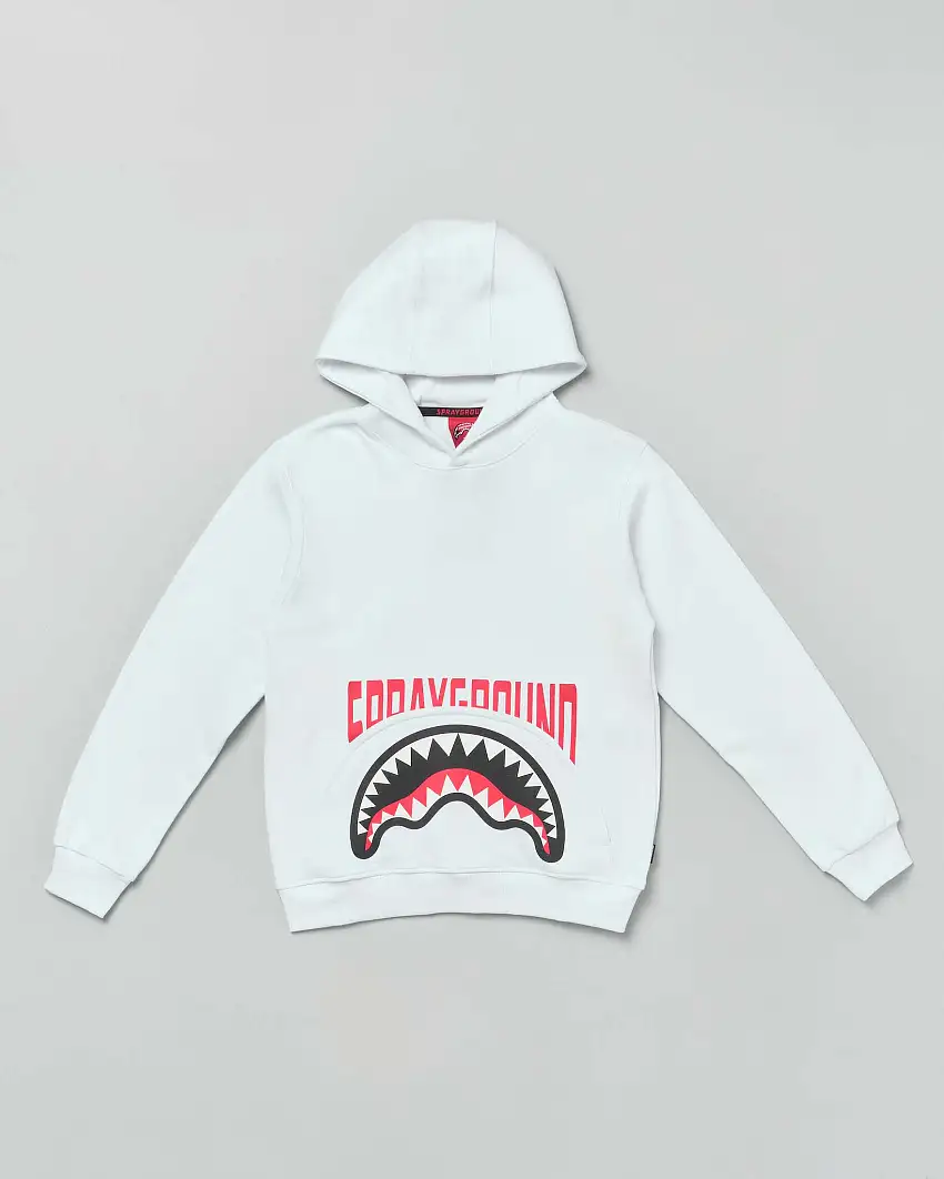 Felpa bianca in cotone con cappuccio e stampa squalo