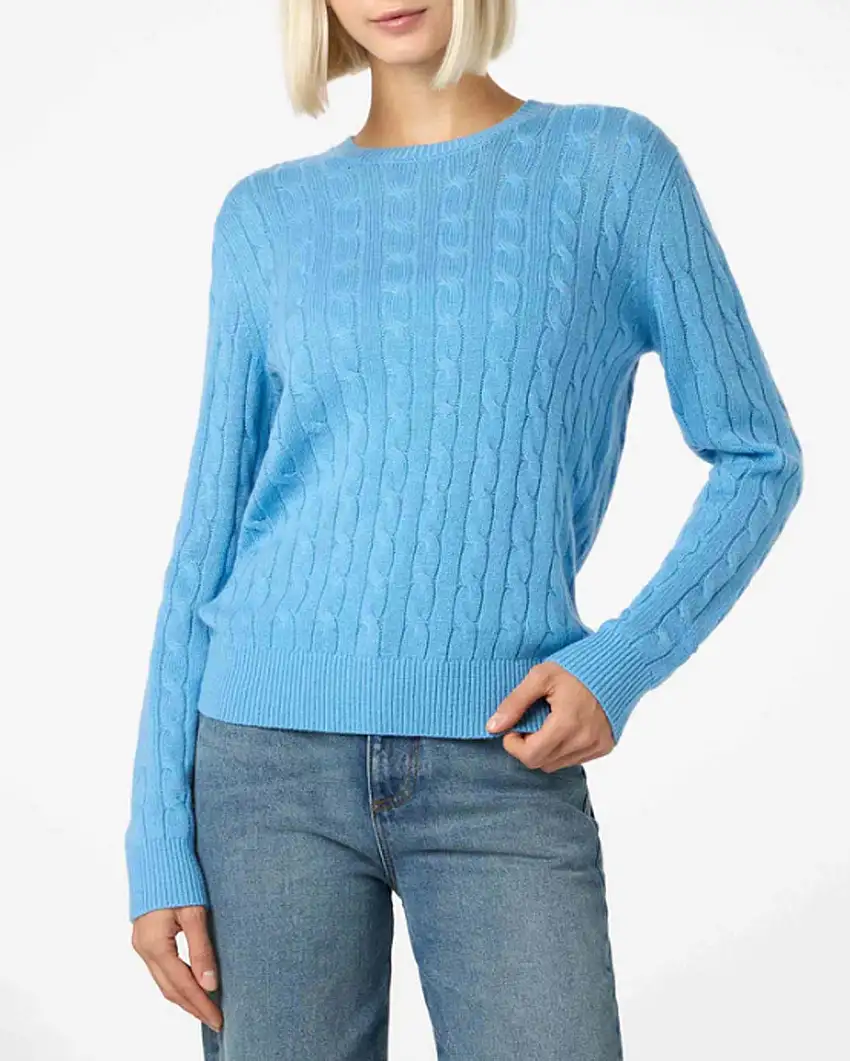 Maglia girocollo turchese in lana e cashmere a lavorazione a trecce