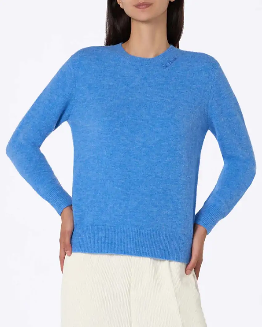 Maglia blu denim di alpaca e lana con scritta logo ricamata tono su tono