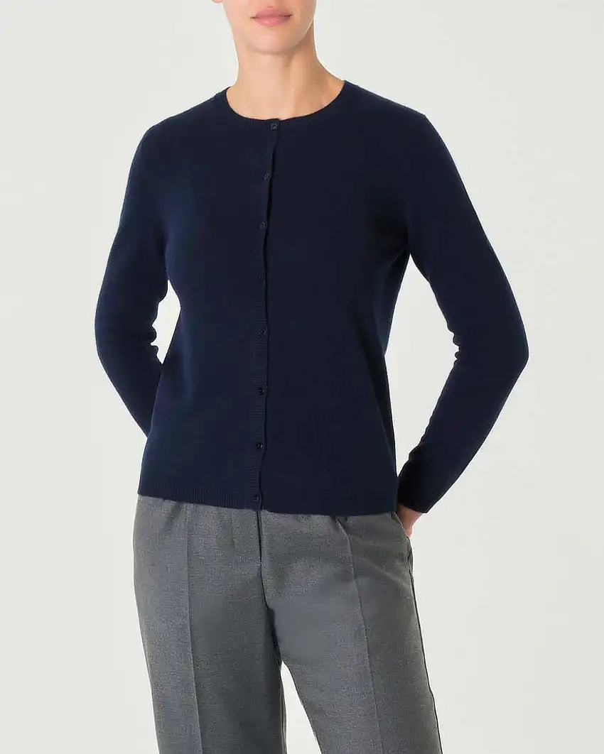 Cardigan blu girocollo in puro cashmere con chiusura a bottoni tono su tono