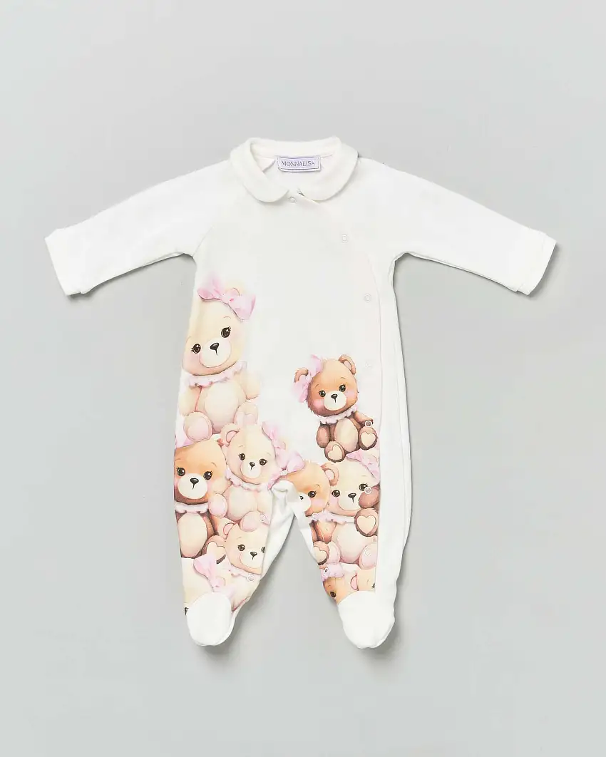 Tutina bianca in cotone a maniche lunghe con stampa orsette