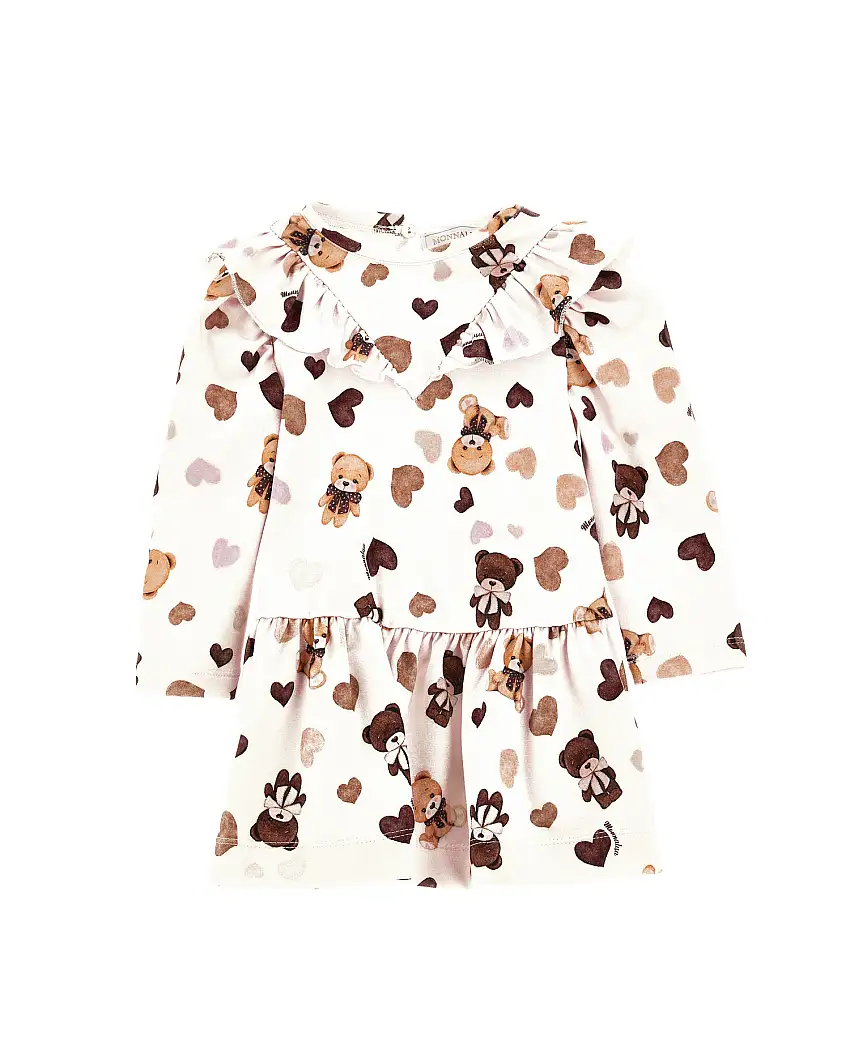 Abito bianco in jersey punto milano a fantasia cuori e orsetti con volants sulle spalle