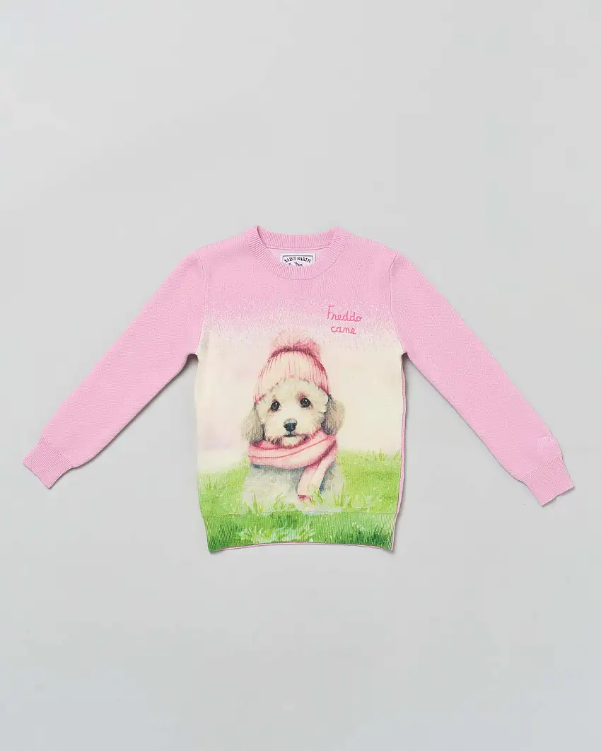 Maglia rosa MC2 Saint Barth girocollo in misto lana e cashmere con grafica cagnolino e scritta Freddo cane
