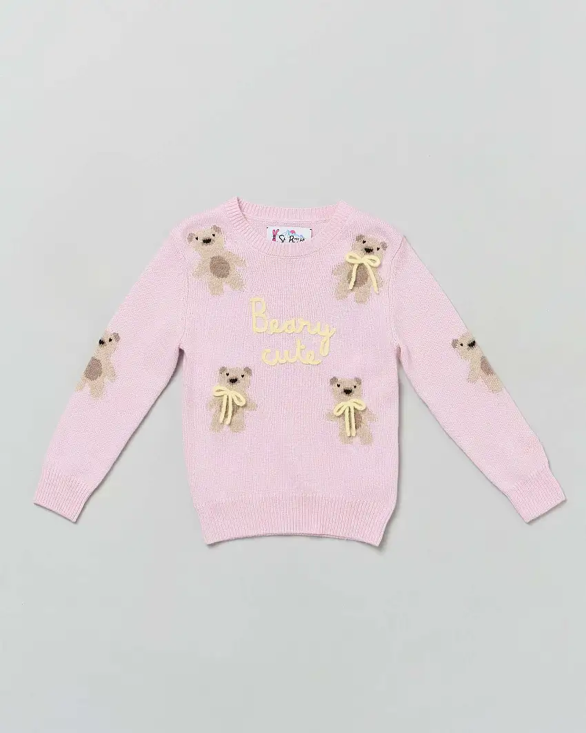 Maglia MC2 Saint Barth rosa in misto lana e cashmere con orsetti, scritta Beary Cute e fiocchi