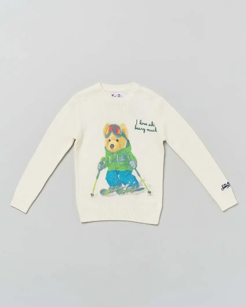Maglioncino MC2 Saint Barth color panna in misto lana e cashmere con orsetto e scritta I love ski beary much