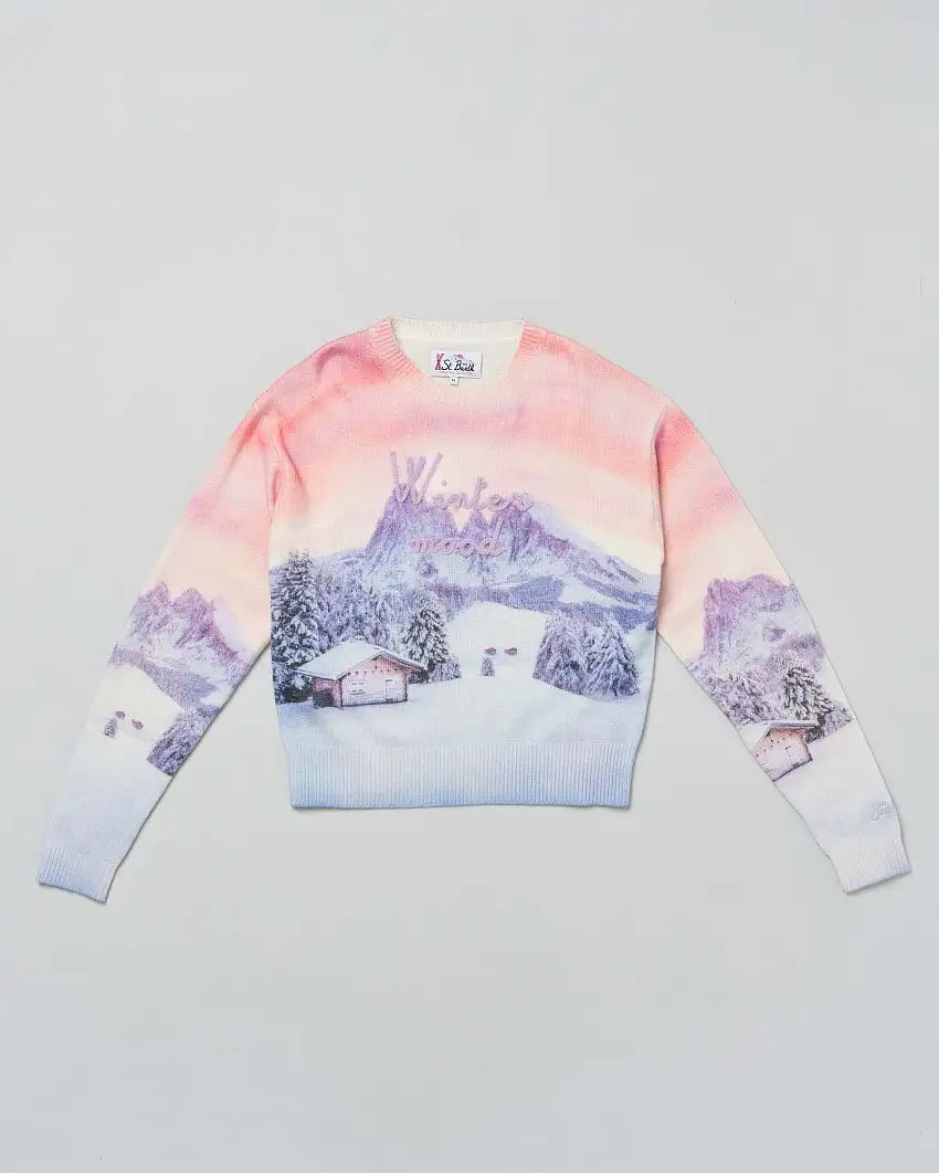 Maglia MC2 Saint Barth girocollo multicolor in misto lana e cashmere con grafica chalet di montagna e scritta Winter Mood