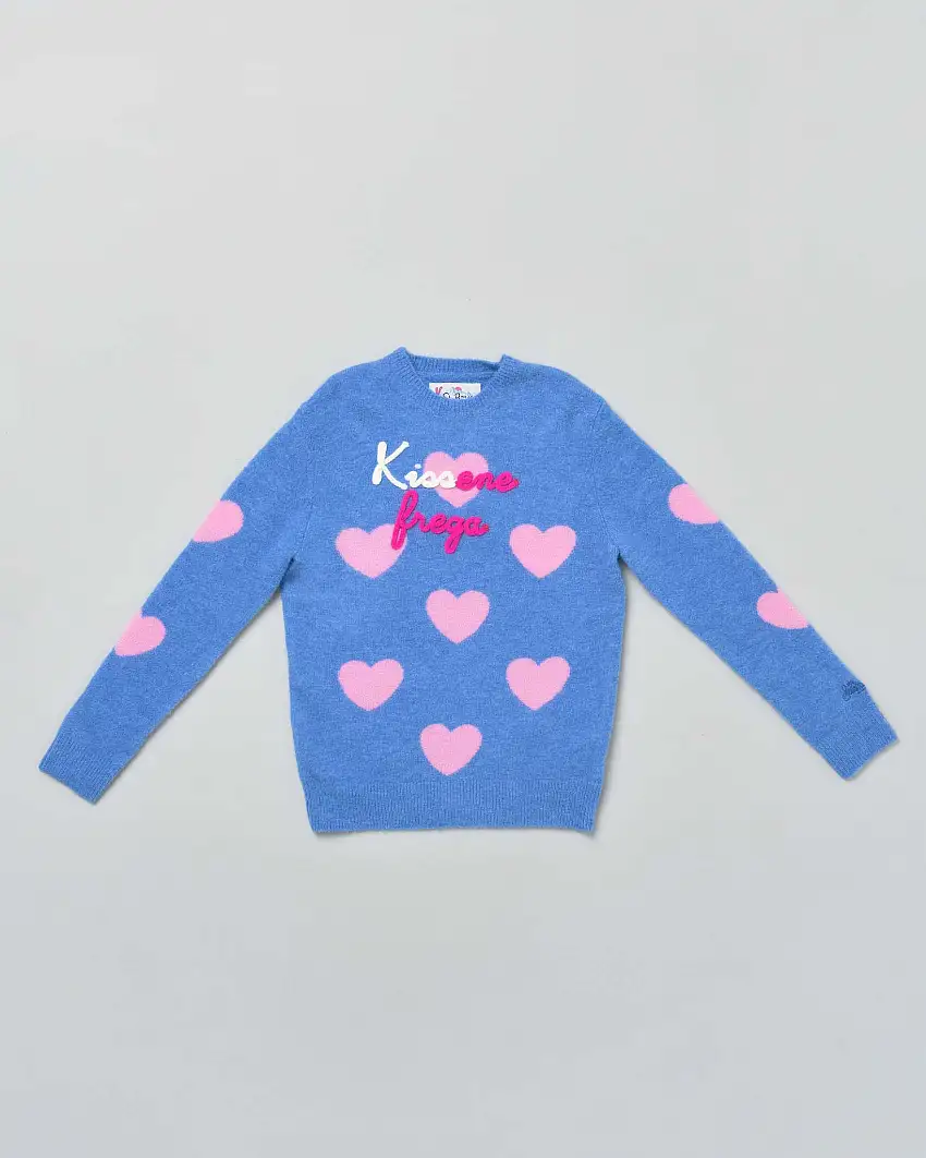 Maglia MC2 Saint Barth celeste girocollo con cuori jacquard rosa e scritta Kissene Frega