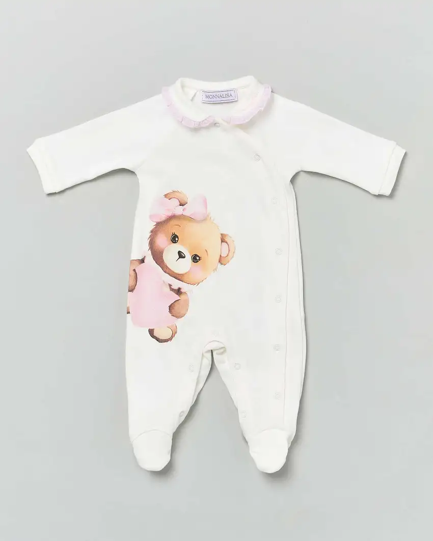 Tutina bianca in cotone con stampa orsetta rosa