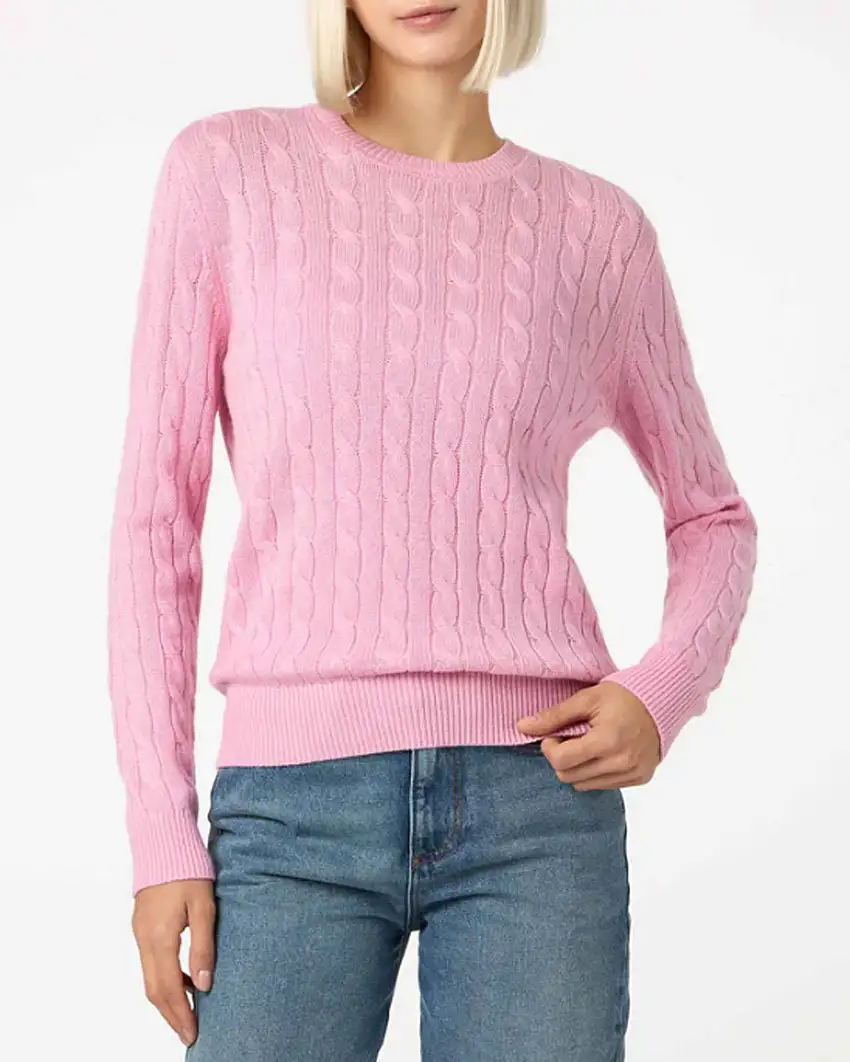 Maglia girocollo rosa in lana e cashmere a lavorazione a trecce
