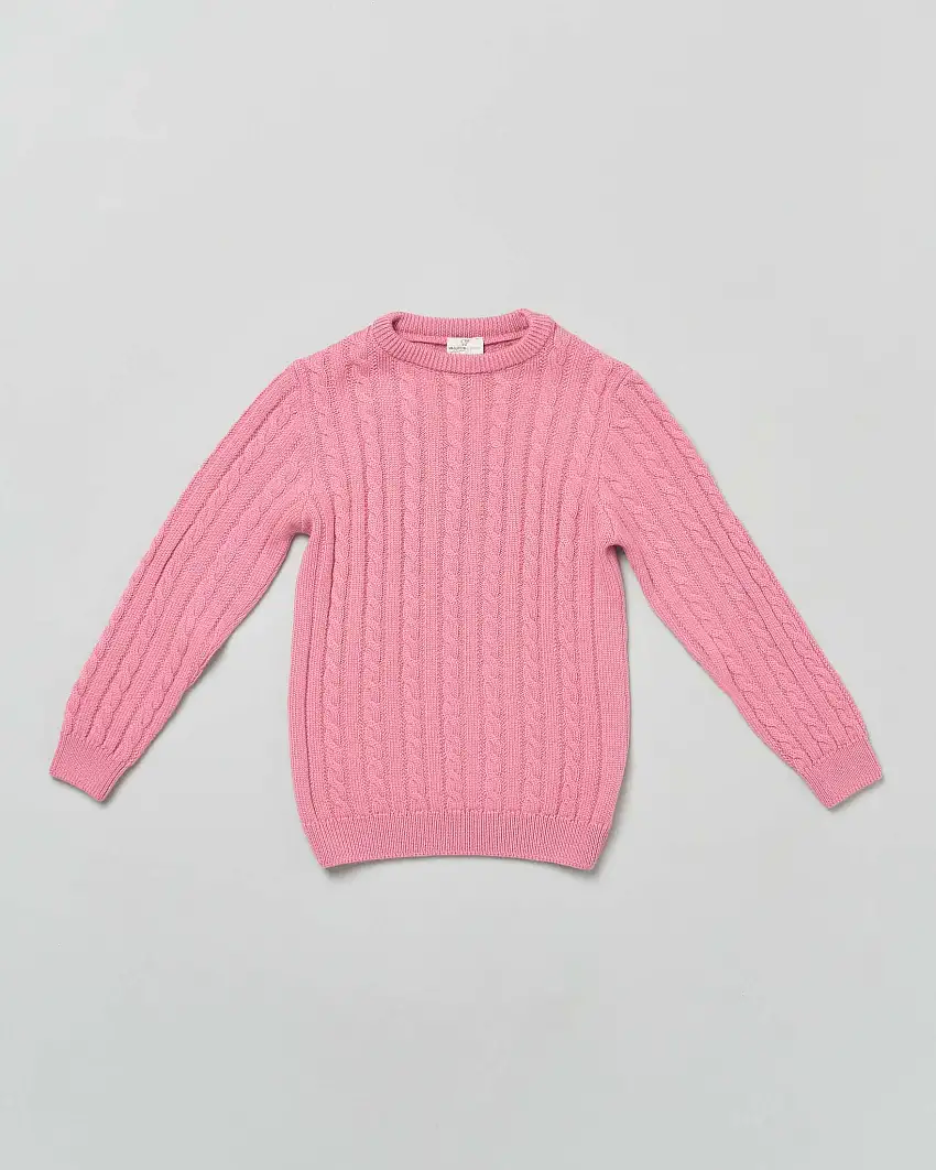 Maglia fucsia girocollo in pura lana merino con lavorazione a trecce