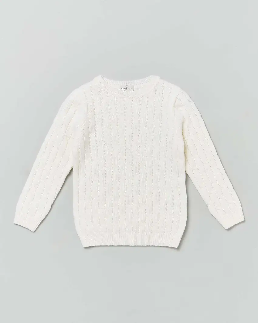 Maglia panna girocollo in pura lana con lavorazione a trecce