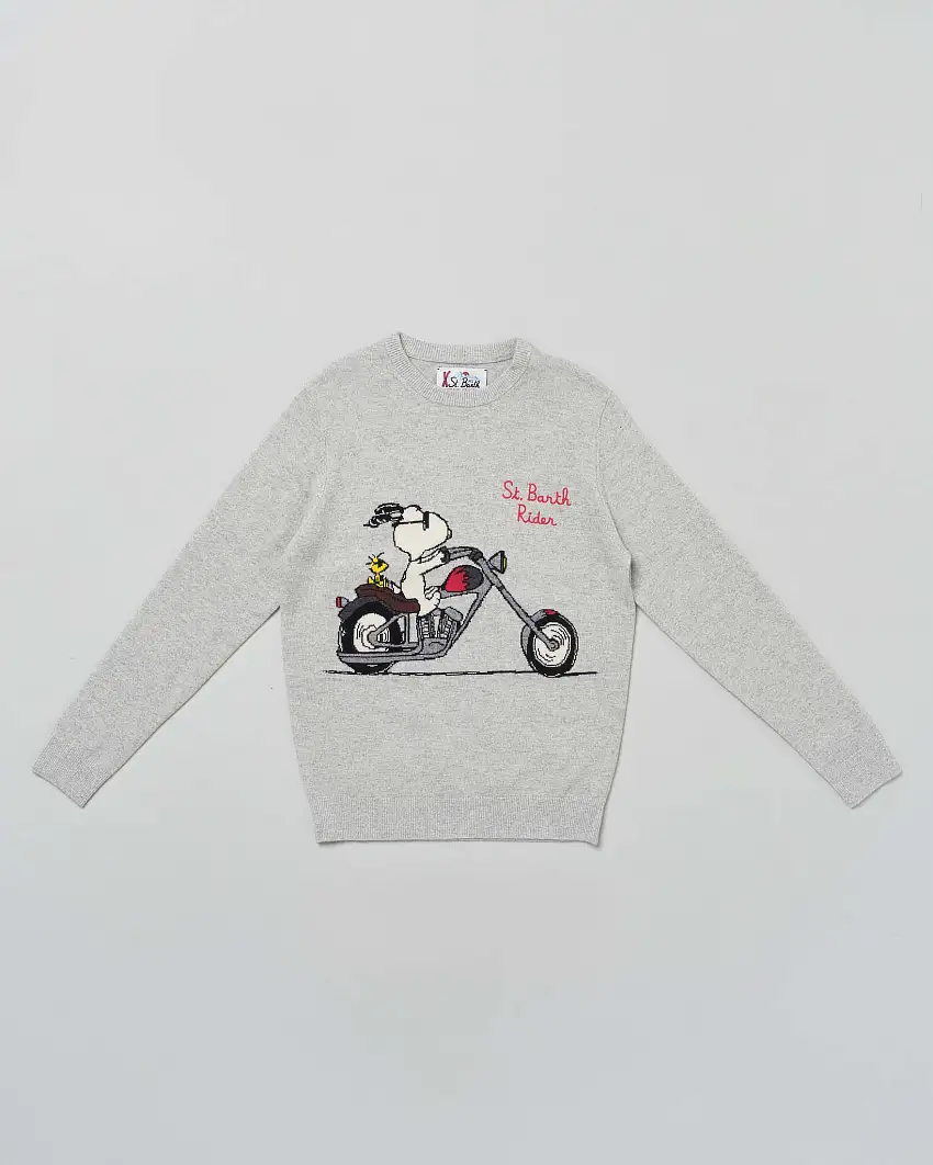Maglia MC2 Saint Barth grigia in misto lana e cashmere con Snoopy su moto e scritta St.Barth Rider