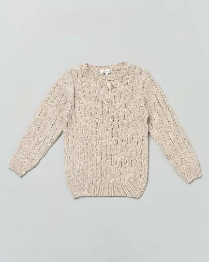 Maglia beige girocollo in pura lana con lavorazione a trecce