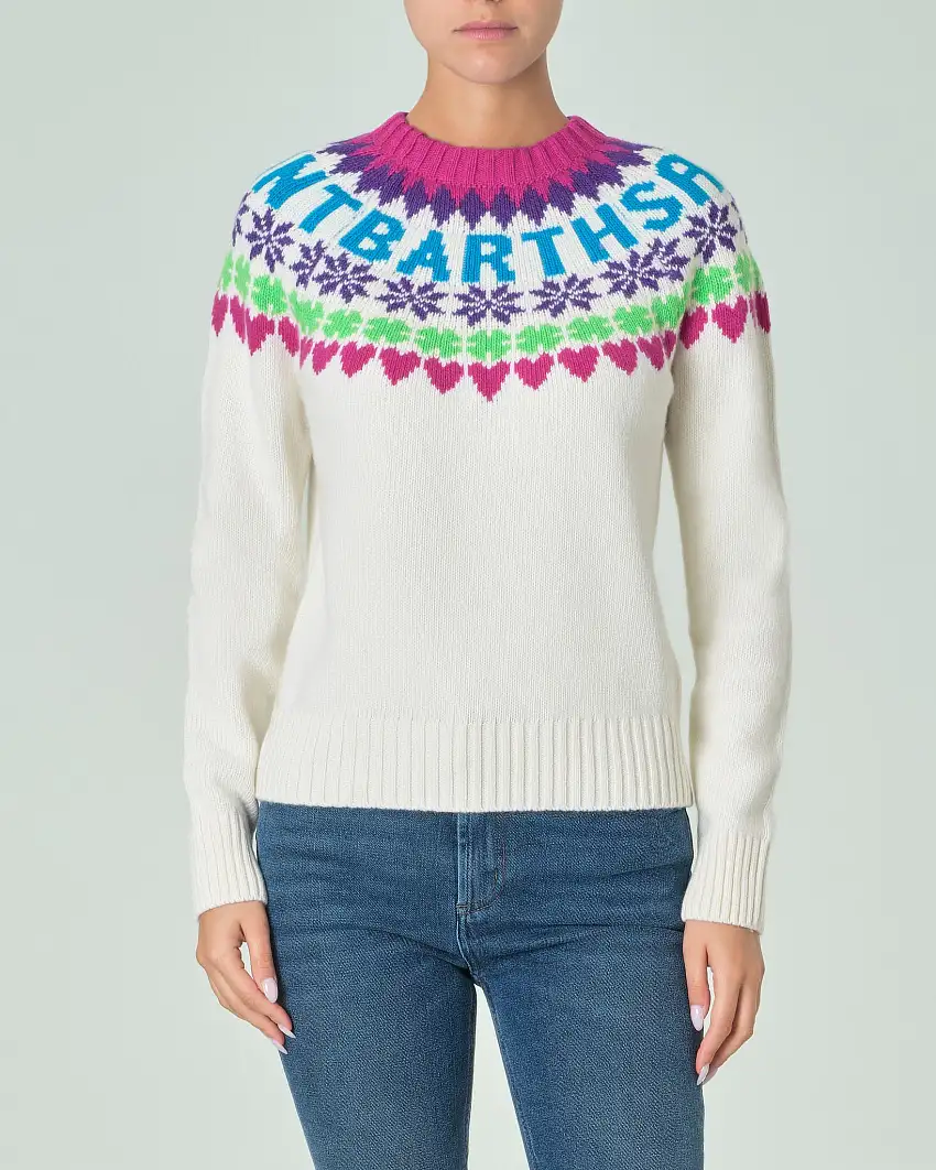 Maglia bianca in misto lana a motivo norvegese jacquard multicolore sullo scollo