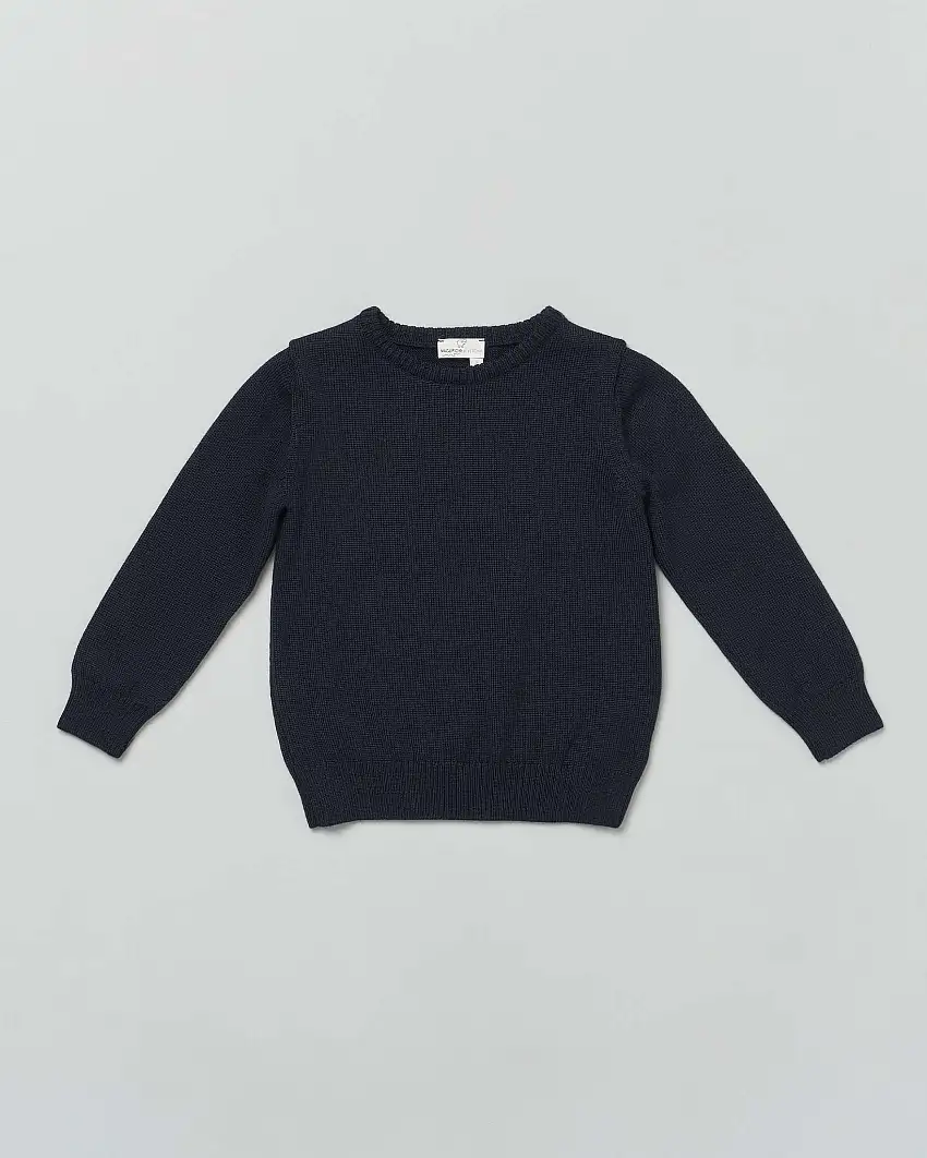 Maglioncino blu girocollo in pura lana merino a costine