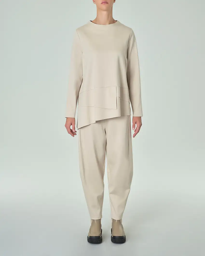 Pantaloni palazzo color gesso in misto viscosa con nervature a vista sul fondo