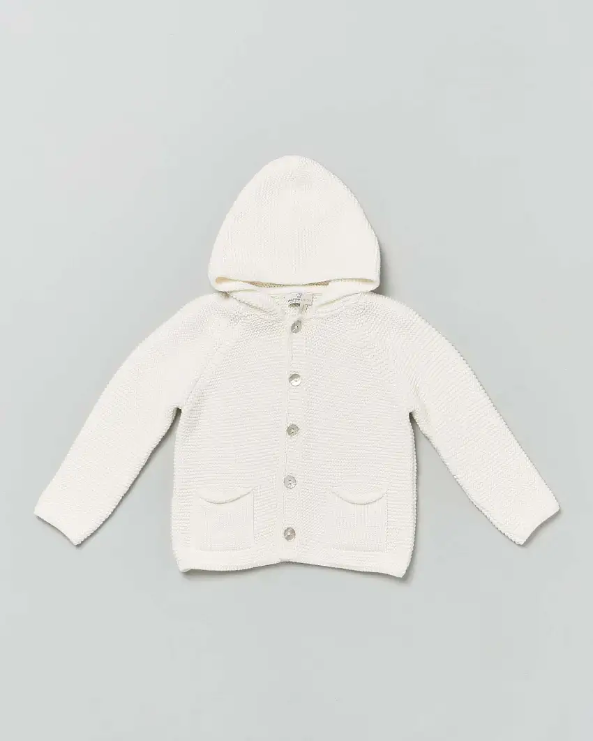 Cardigan tricot color panna in puro cotone con cappuccio