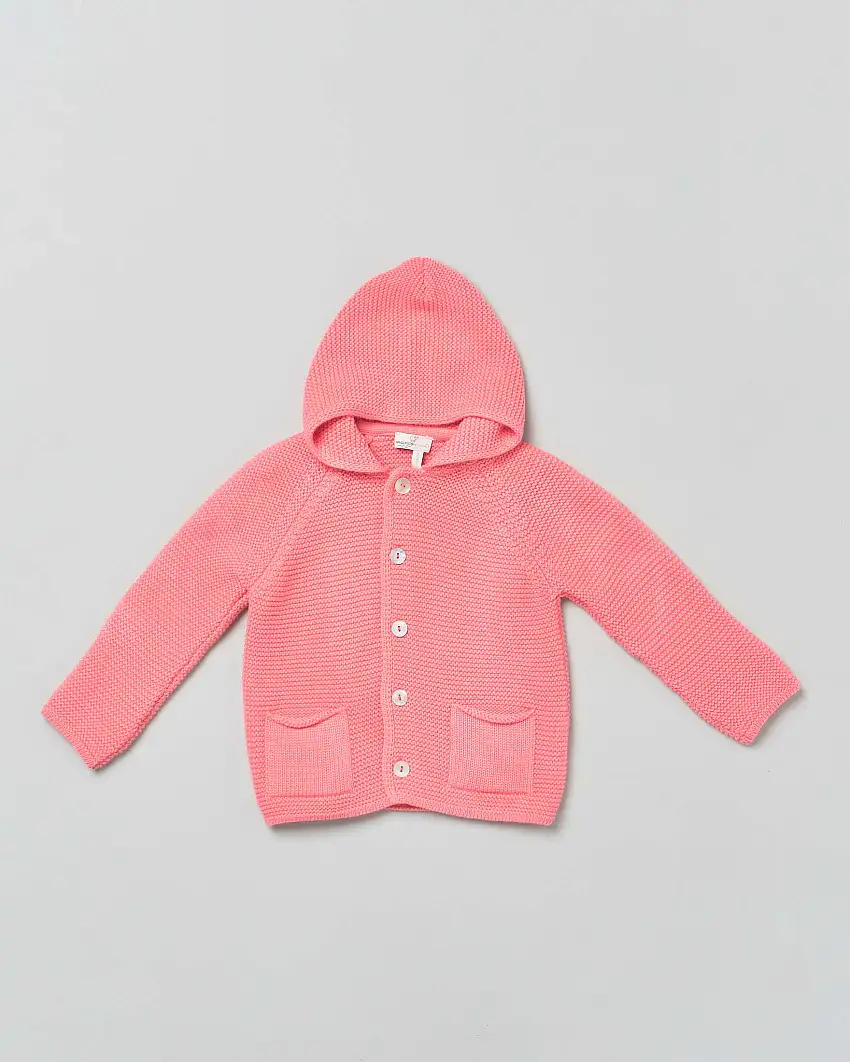 Cardigan tricot fucsia in puro cotone con cappuccio