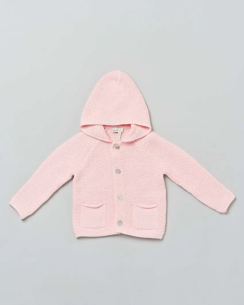 Cardigan tricot rosa in puro cotone con cappuccio