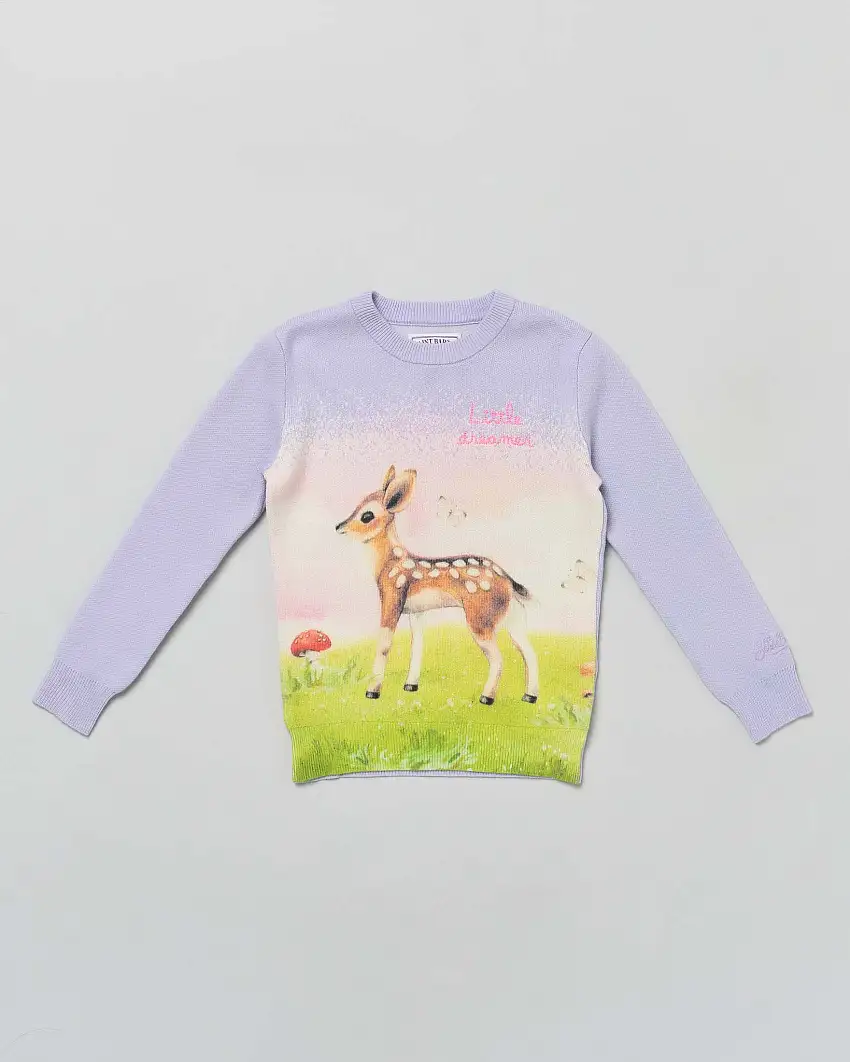 Maglia lilla MC2 Saint Barth girocollo in misto lana e cashmere con grafica bambi e scritta Little Dreamer