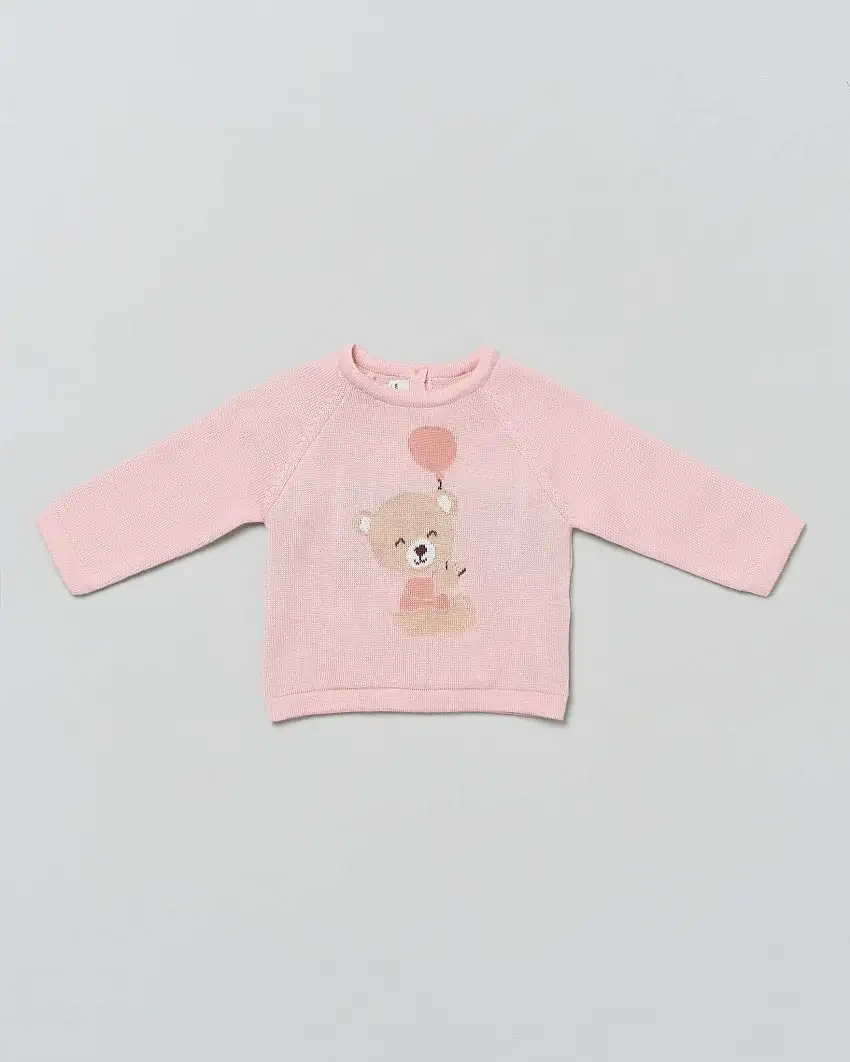 Maglioncino rosa girocollo in pura lana con orsetto jacquard