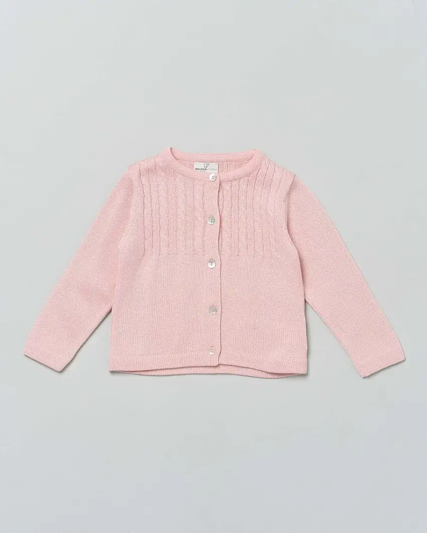 Cardigan rosa in pura lana con inserto fronte e retro a trecce