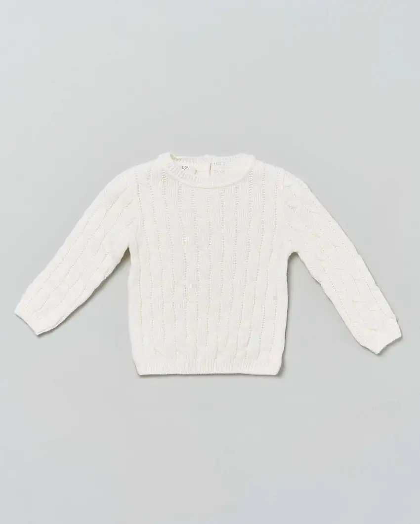 Maglia color panna girocollo in pura lana a trecce