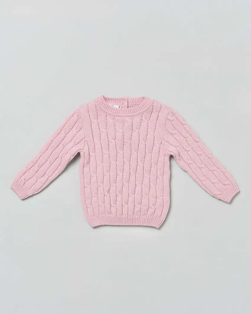 Maglia rosa girocollo in pura lana a trecce